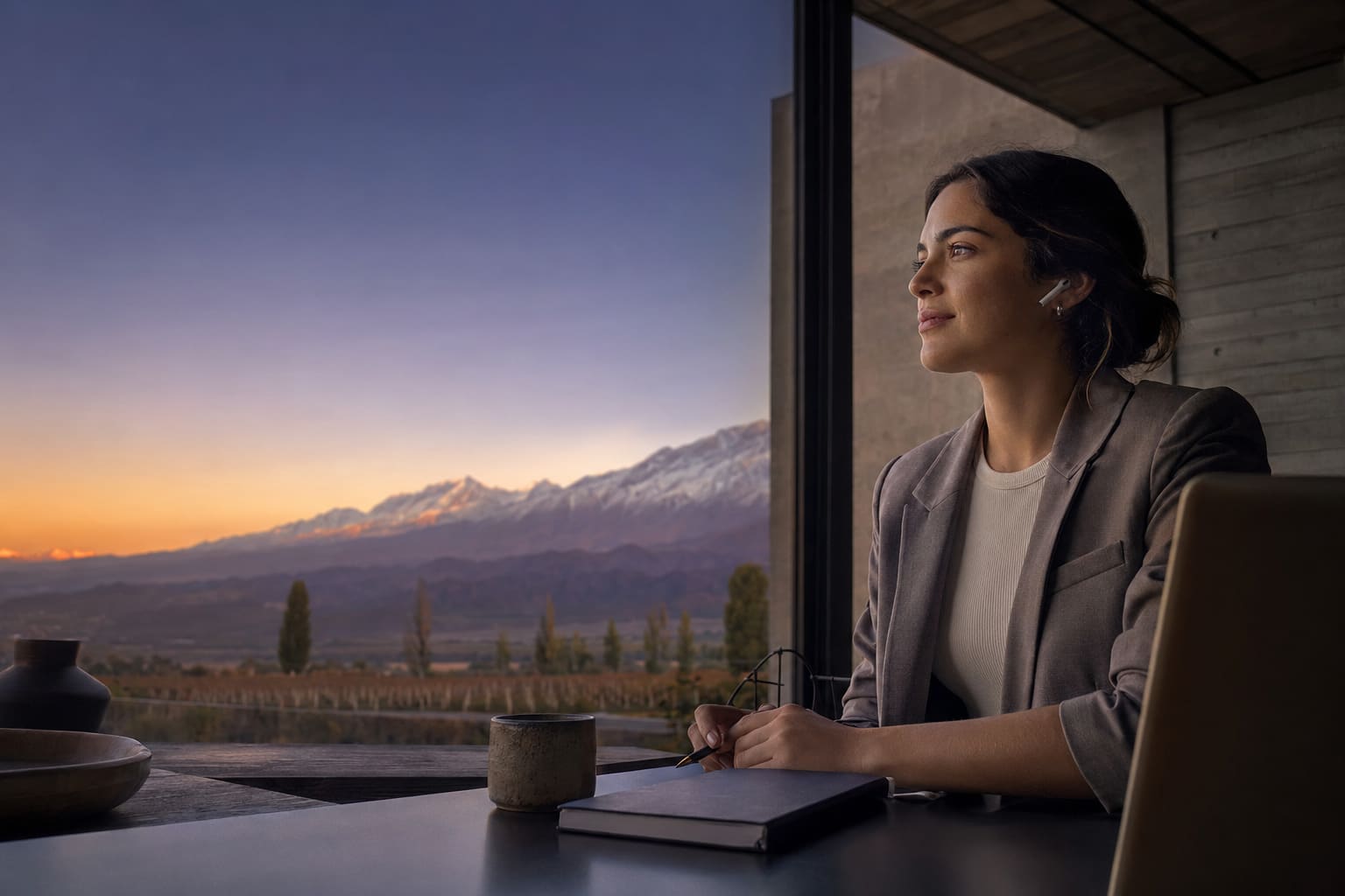 Profesional trabajando en inglés con foco internacional frente a la cordillera de Mendoza