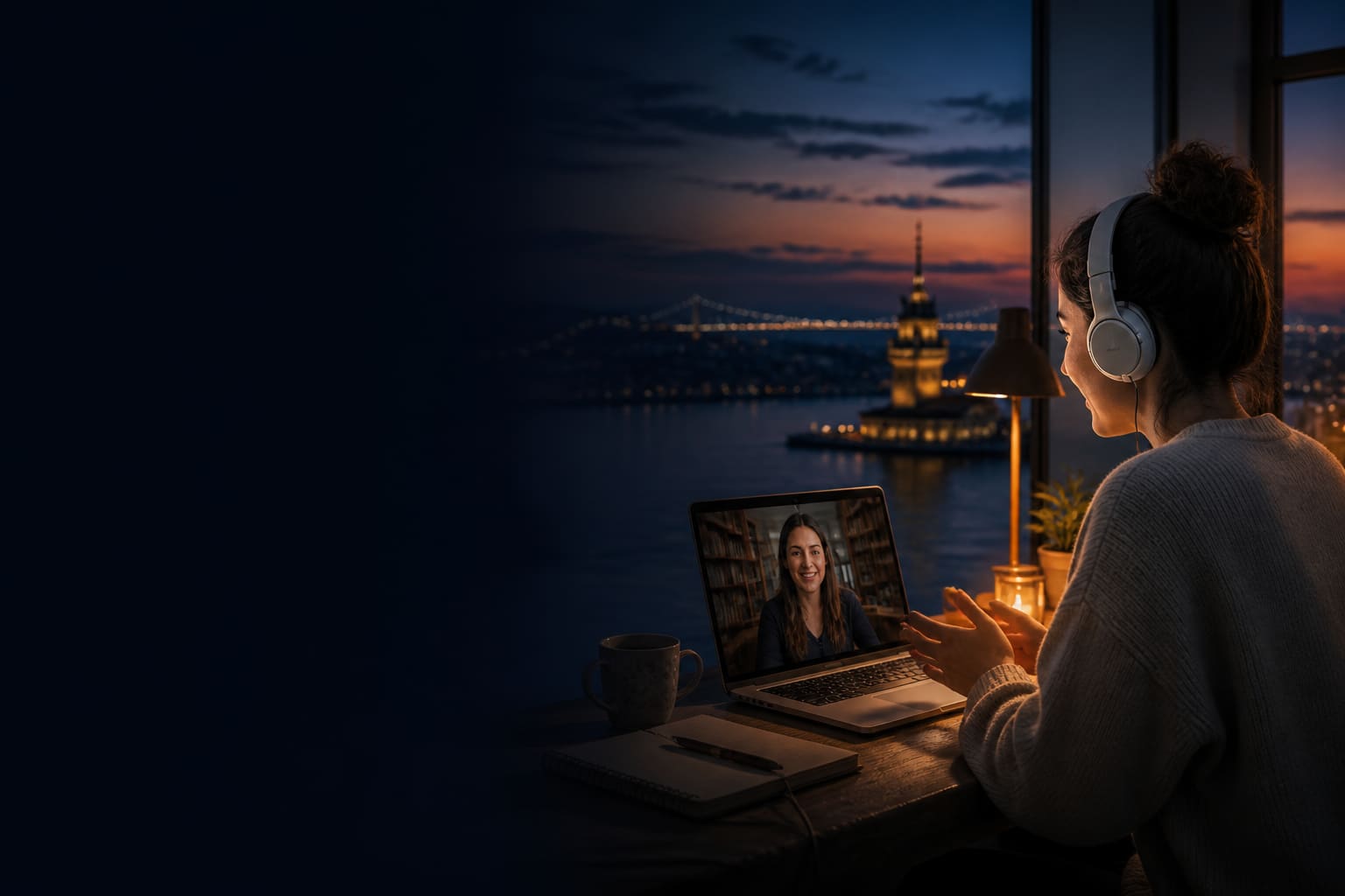 Student in an online Turkish lesson wearing headphones, overlooking the Bosphorus in Istanbul at dusk