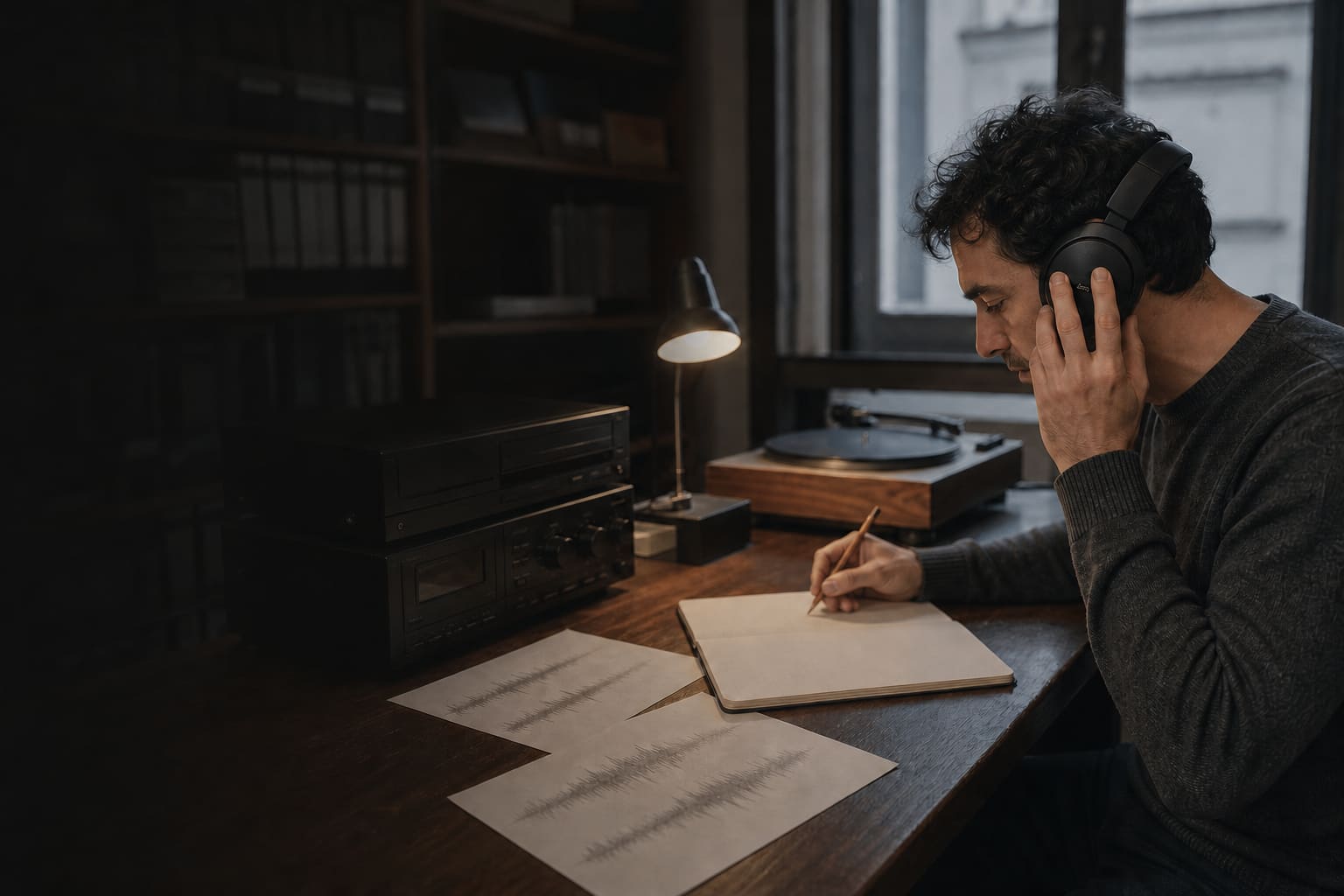 Spanish learner comparing regional recordings in a quiet audio archive