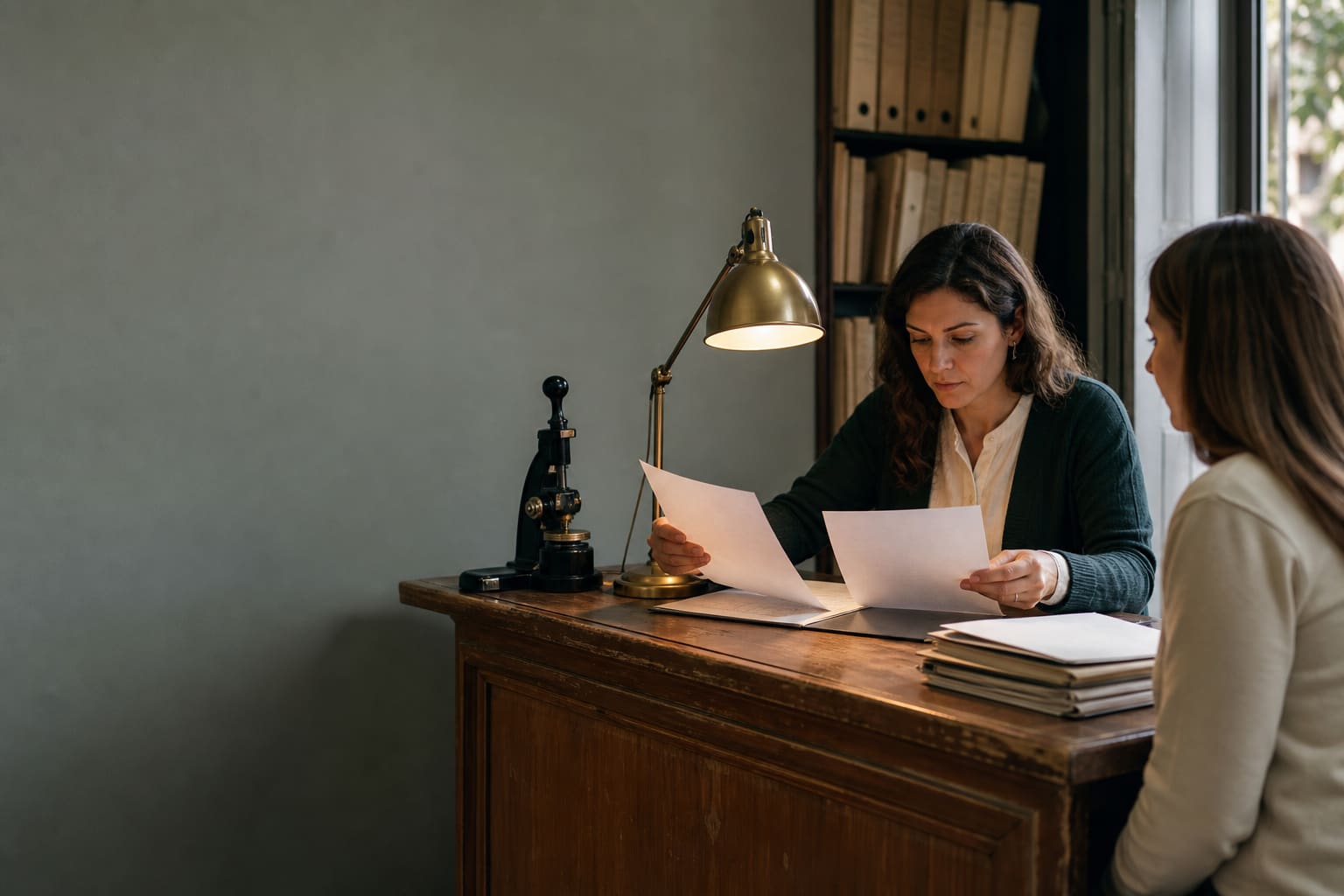 A professional translator carefully compares two document sets under a task lamp in Mendoza