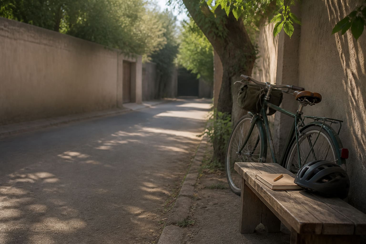 Bicicleta y cuaderno preparados para una pausa de estudio en una calle arbolada de Chacras de Coria