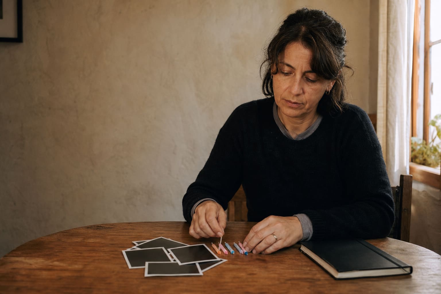 Adulta practicando cómo hablar de la edad en inglés con fotografías y velas sobre una mesa