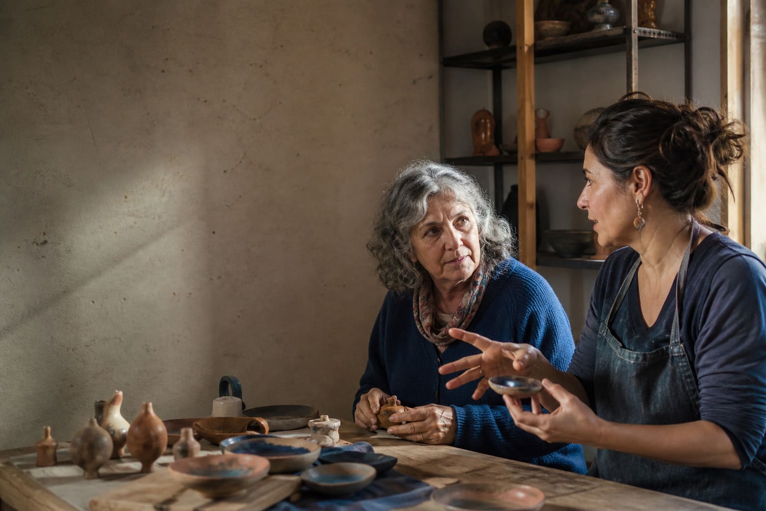 Dos mujeres conversan de forma natural mientras trabajan con piezas de cerámica en un taller mendocino