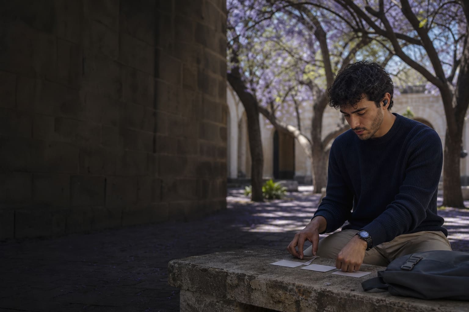 Profesional organizando una práctica de inglés en un patio universitario de Córdoba