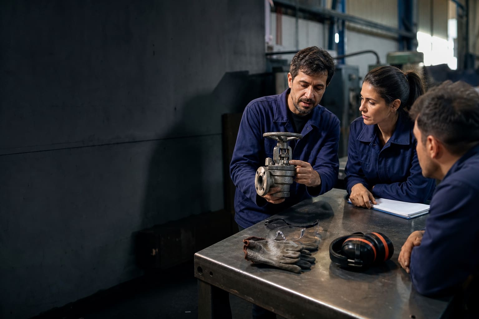 Argentine factory supervisors rehearsing an English safety briefing with a valve