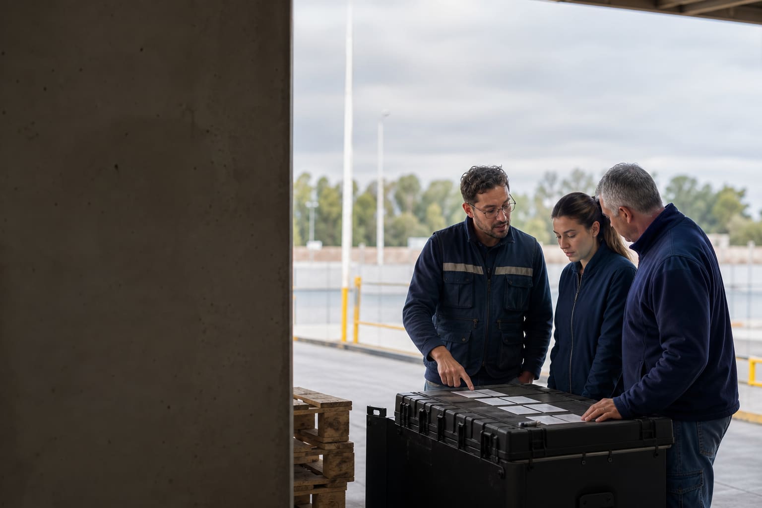 Equipo internacional ensayando un relevo operativo en español en un área logística