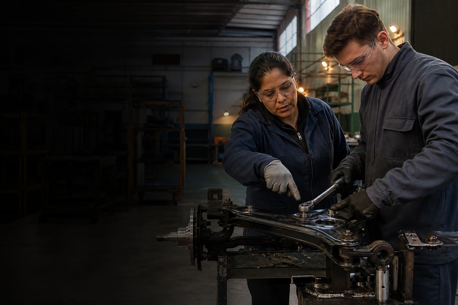 Inspectora de calidad y supervisor verifican el torque de un componente automotor