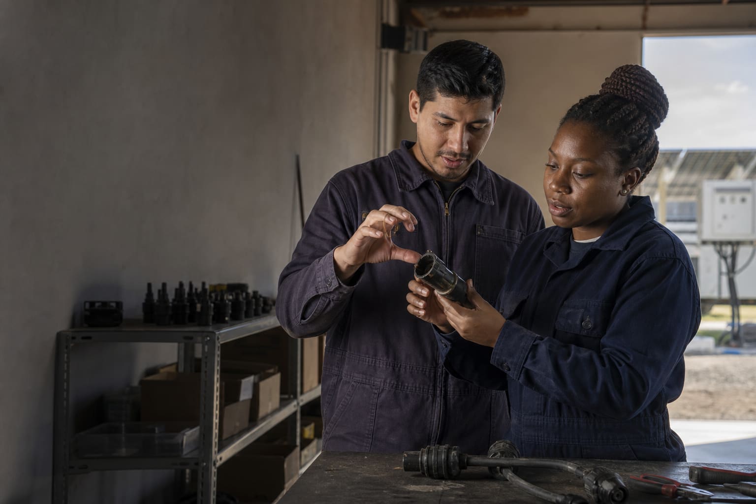 Técnicos explican en español el mecanismo de un conector solar durante una revisión