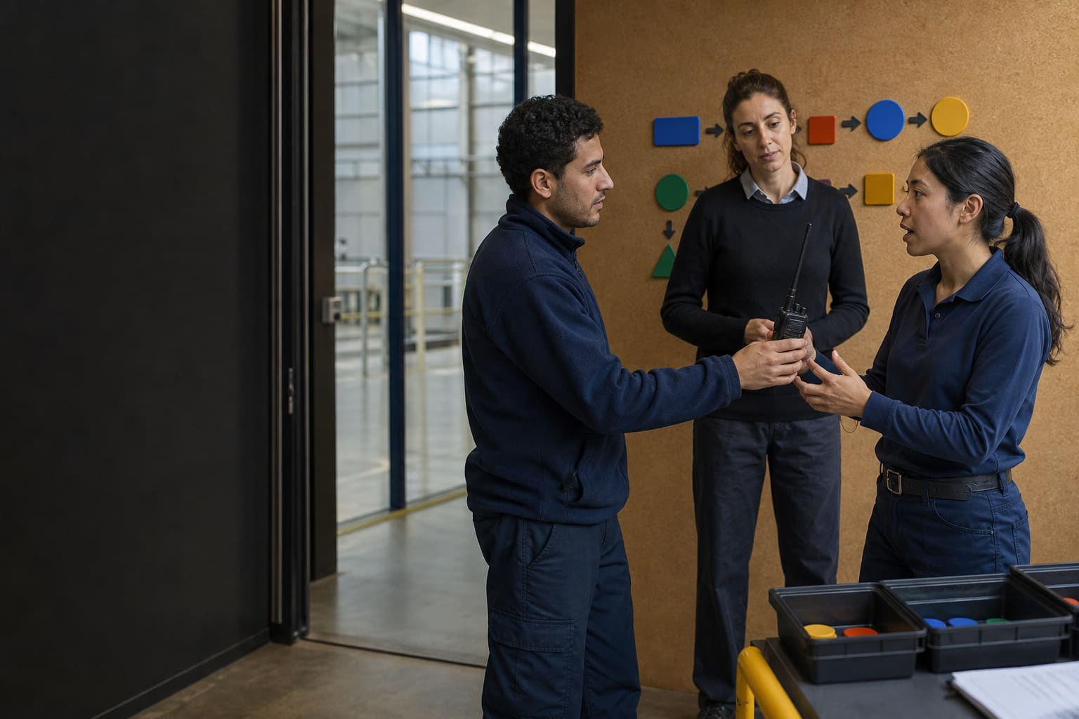 International team rehearses a Spanish shift handoff with a work radio