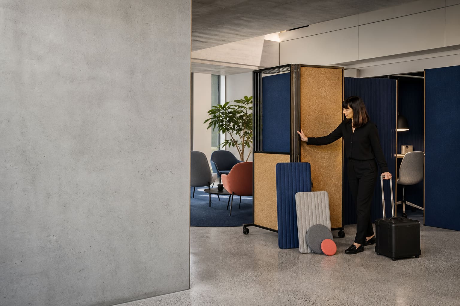 Workplace learning coordinator arranging acoustic panels for in-person and remote training spaces