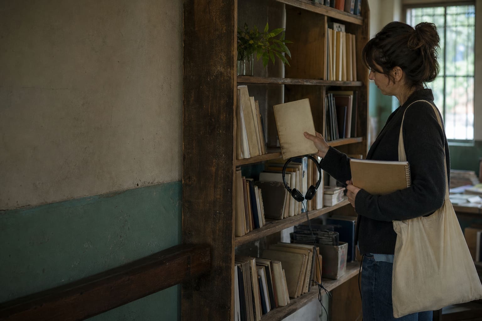 An adult learner chooses borrowed Spanish materials and headphones from a neighborhood resource shelf