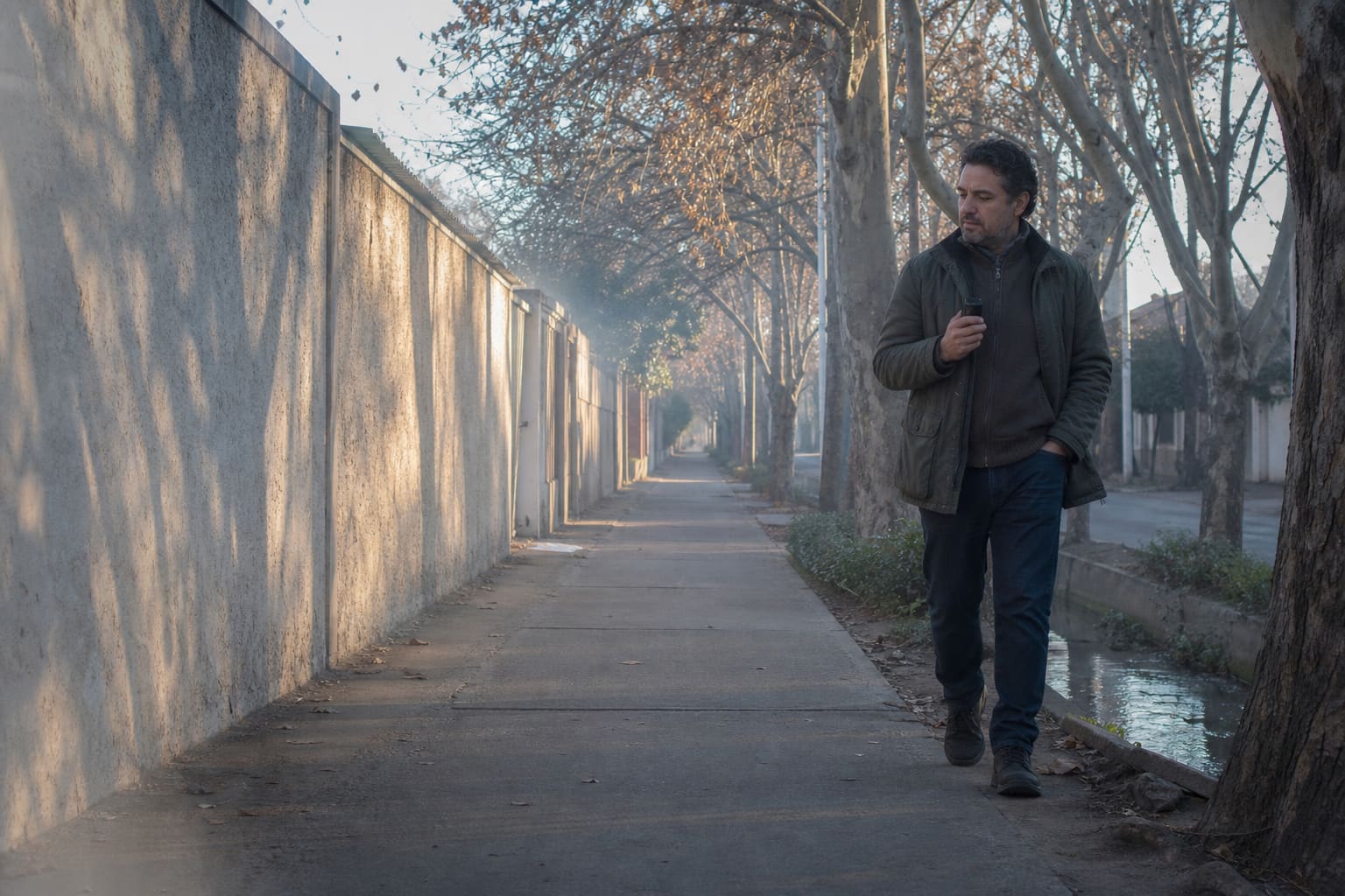 Adulto practicando inglés durante una caminata matinal por una calle arbolada de Mendoza