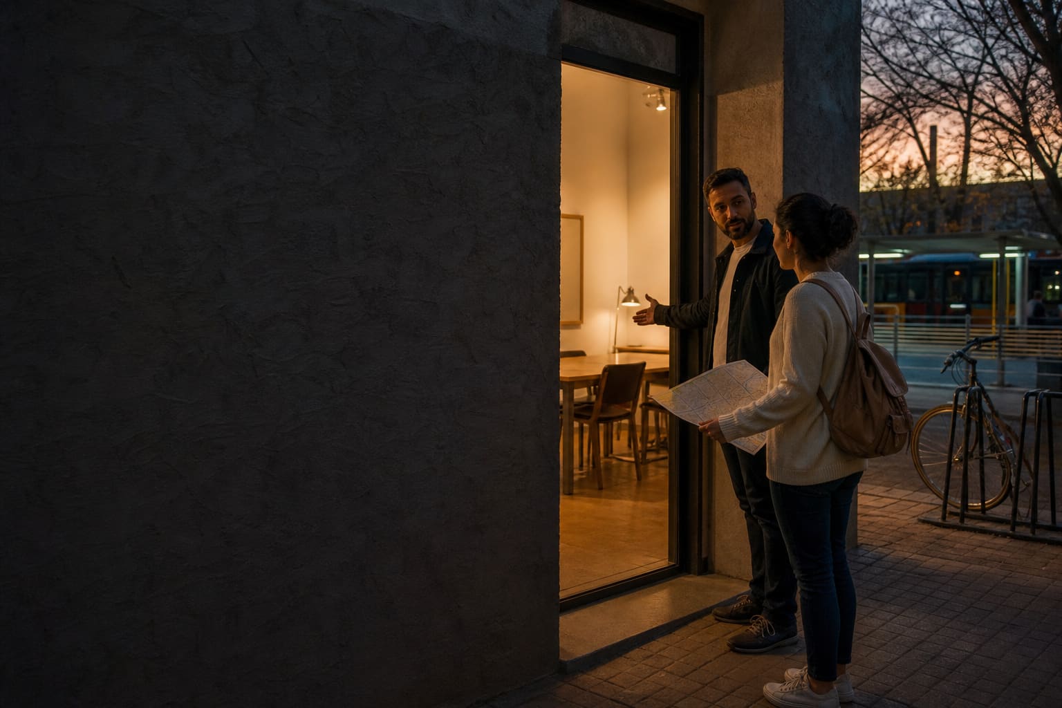 Futura estudiante visita un espacio de clases con un mapa y opciones de transporte a la vista