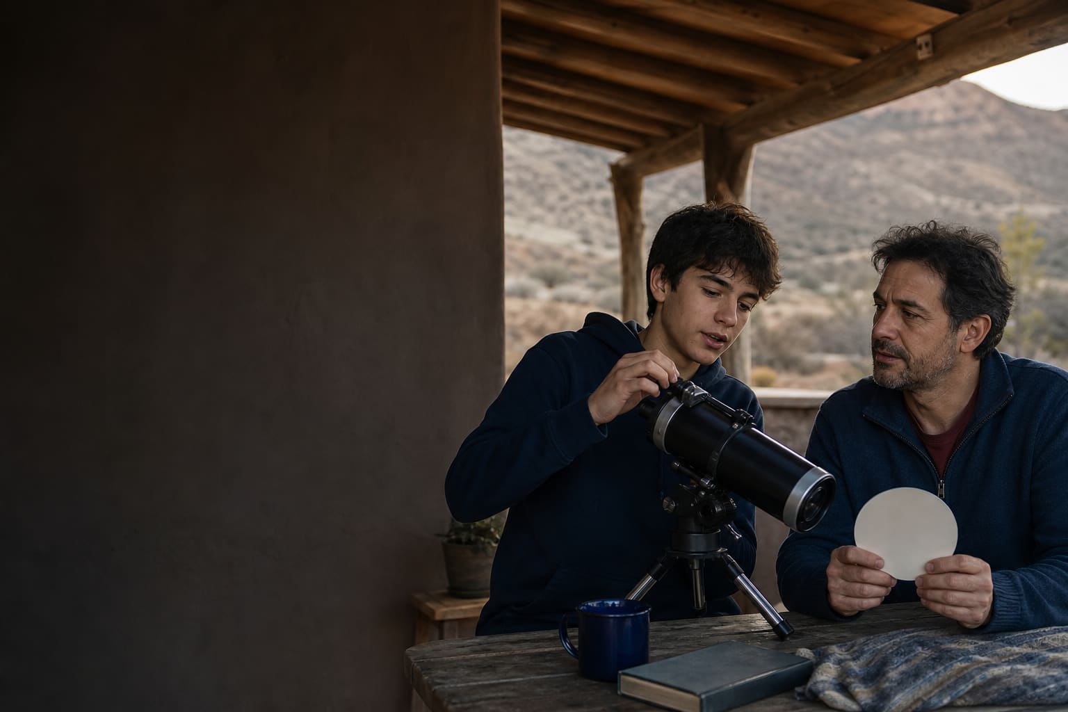 Padre e hijo adolescente practicando una explicación científica con un telescopio en El Challao