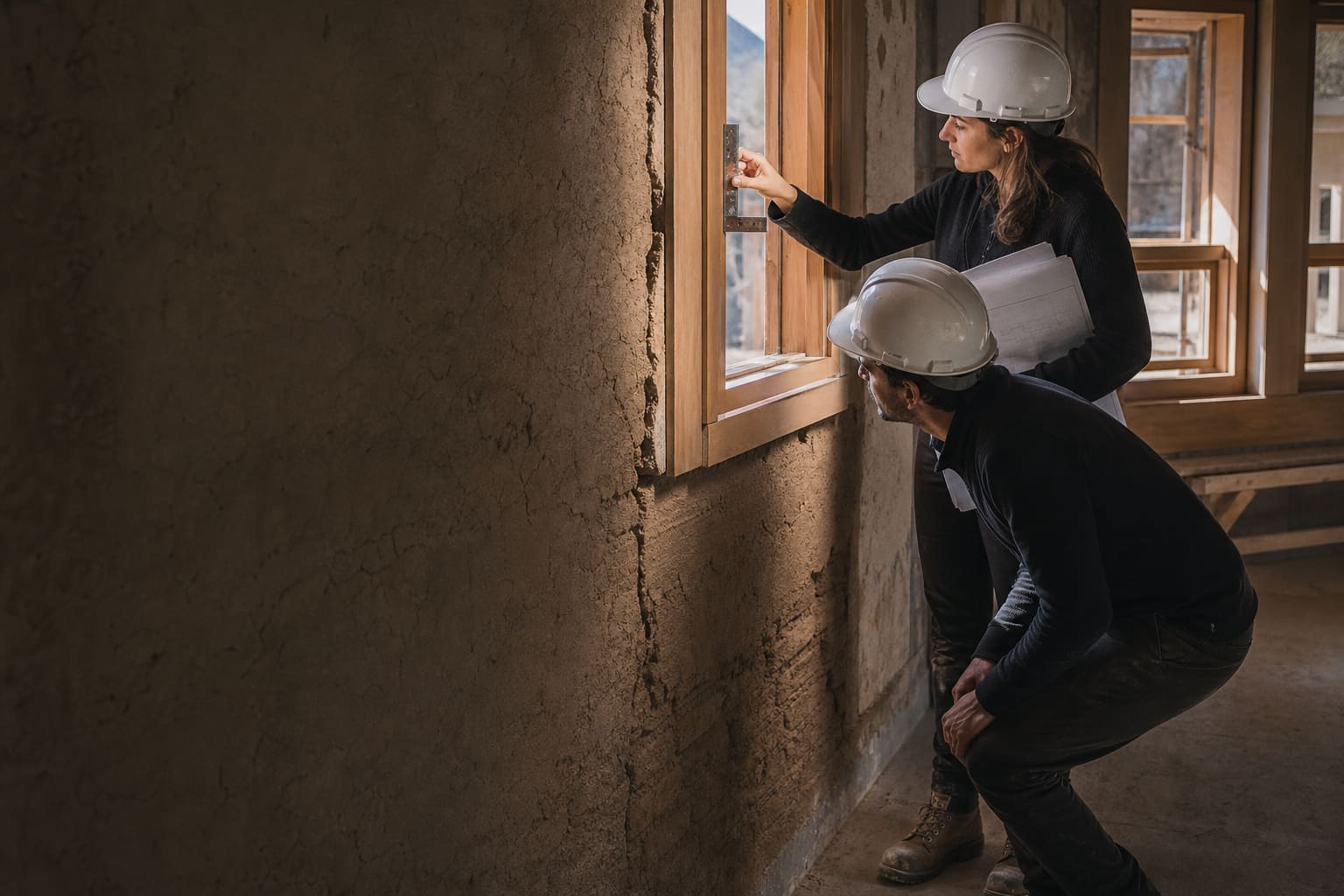 Arquitectos inspeccionando el encuentro de una ventana con un muro de adobe