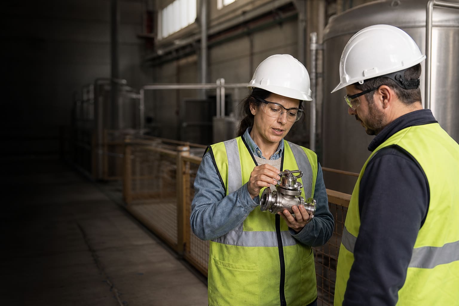 Ingenieros revisando una válvula industrial durante una conversación técnica