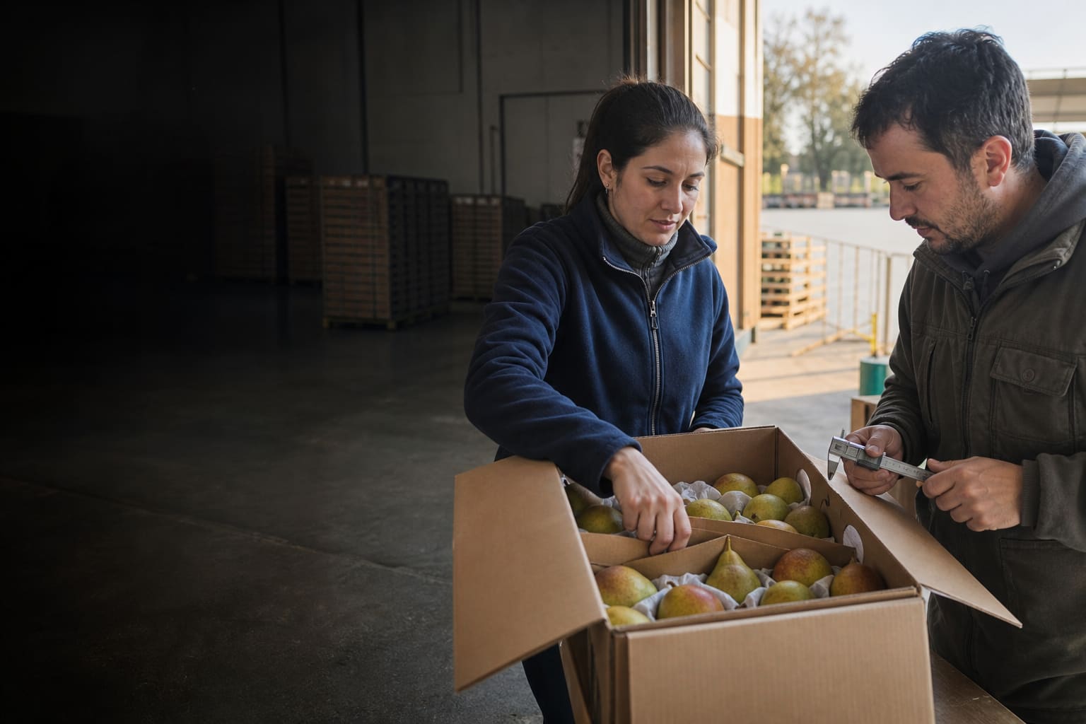 Equipo exportador controlando el embalaje de fruta antes de un envío
