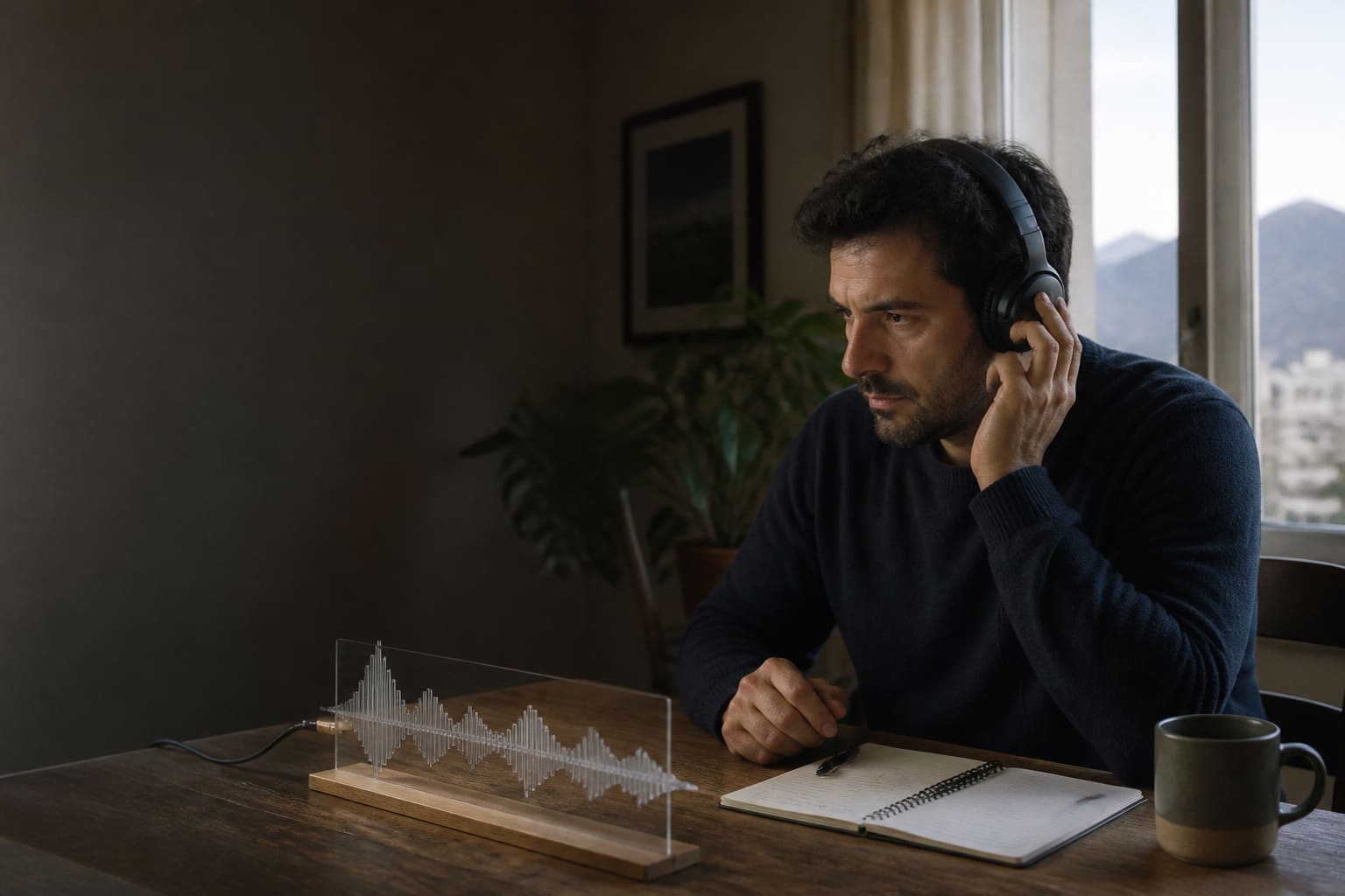 Adulto mendocino practica comprensión auditiva en inglés con auriculares y un modelo físico de ondas de sonido