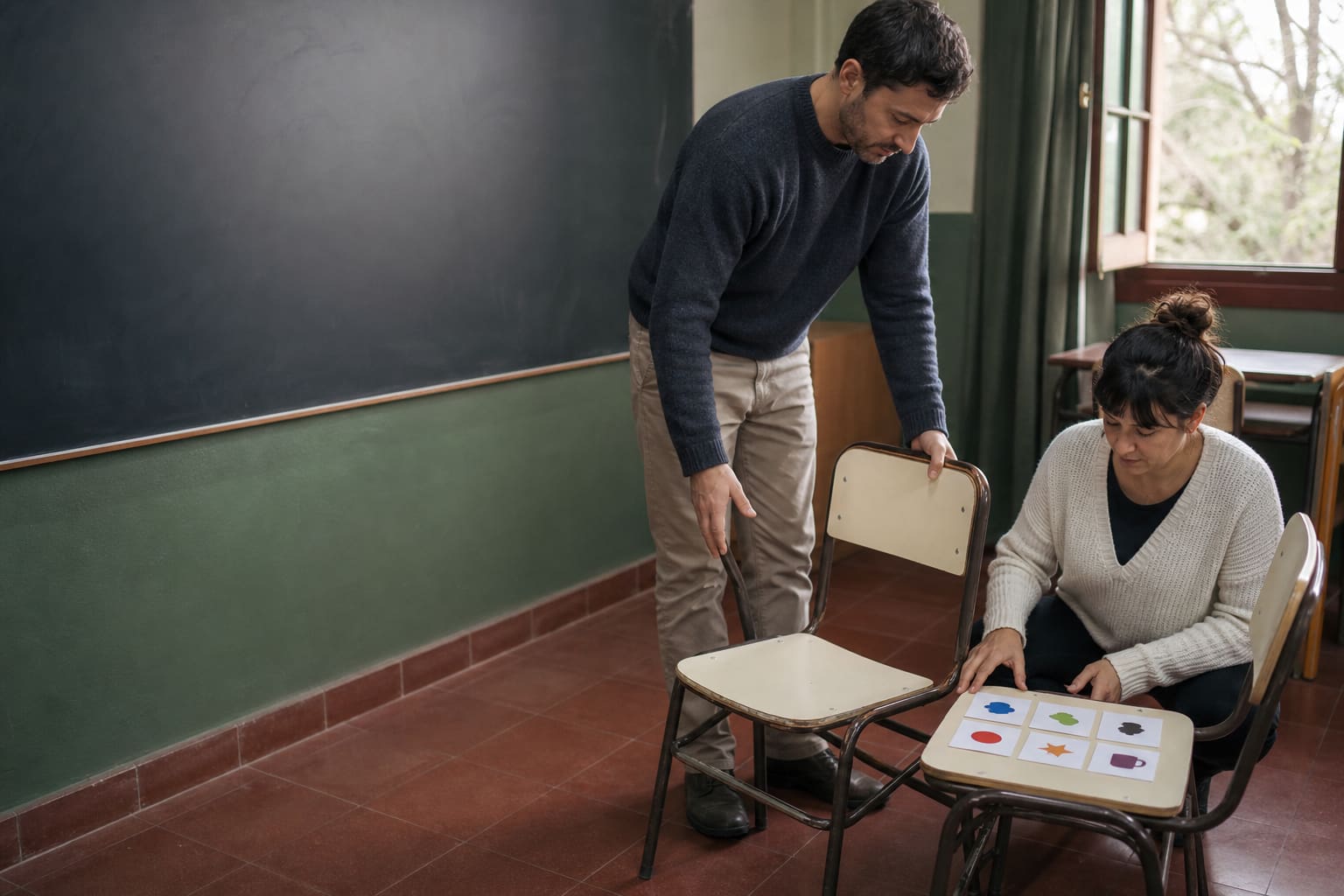 Docentes preparando una actividad de conversación antes de clase