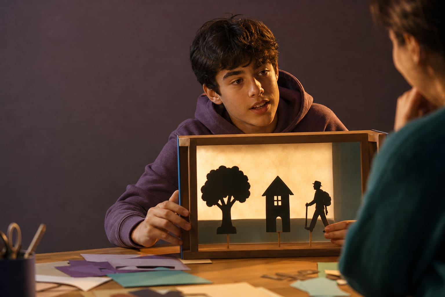 Adolescente construyendo y narrando una historia con un teatro de sombras
