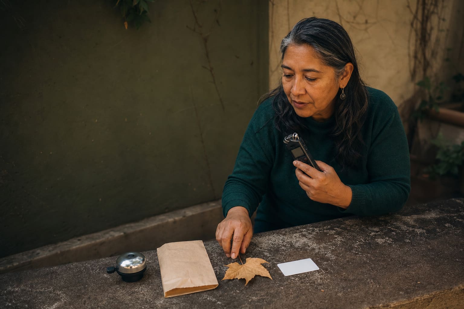 Investigadora de vocabulario registrando objetos cotidianos argentinos con una grabadora de campo