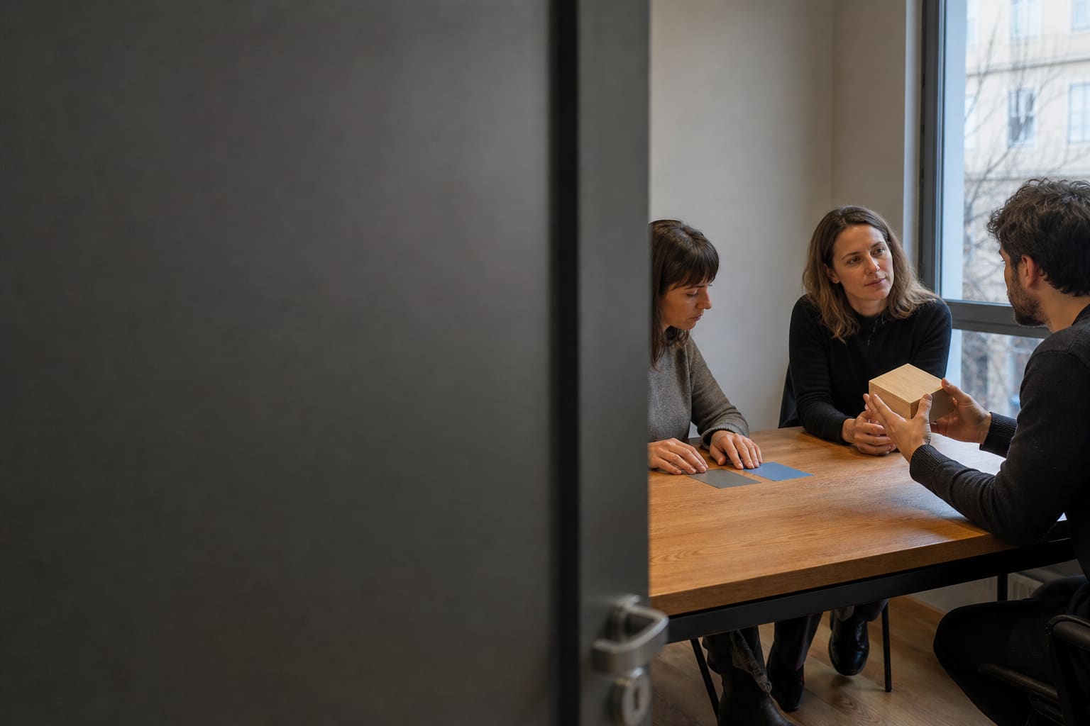Equipo de Recursos Humanos escucha a un candidato explicar un prototipo durante una entrevista