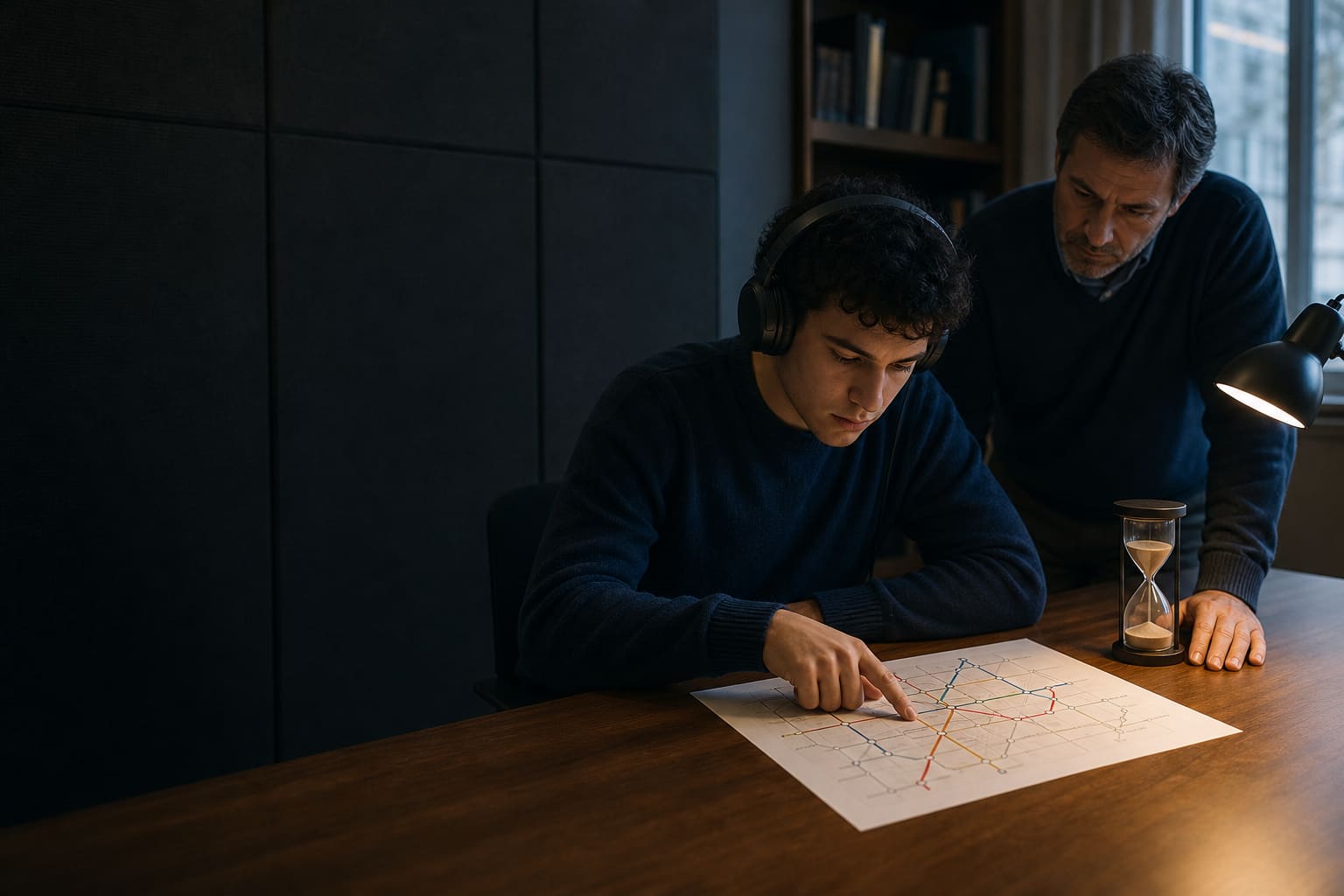 Candidato al IELTS siguiendo un diagrama de recorrido durante una práctica de listening