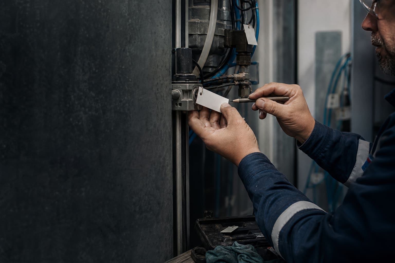 Técnico identificando componentes con etiquetas en blanco en un tablero industrial