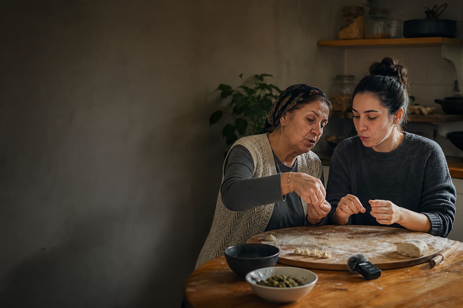 Two women practise spoken Turkish while folding dumplings together in an Istanbul kitchen