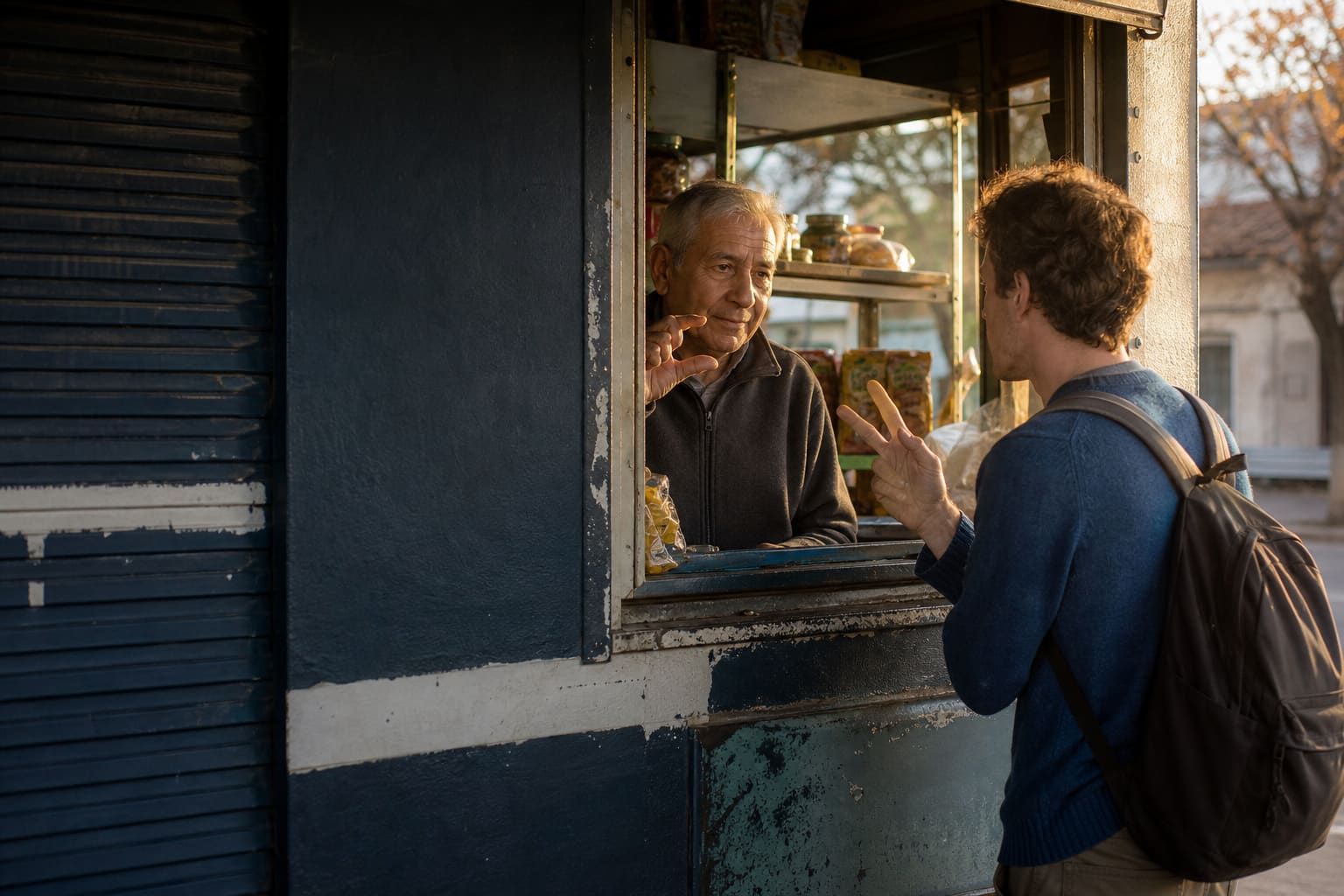 Visitor and neighborhood kiosk owner communicating through a simple gesture in Argentina