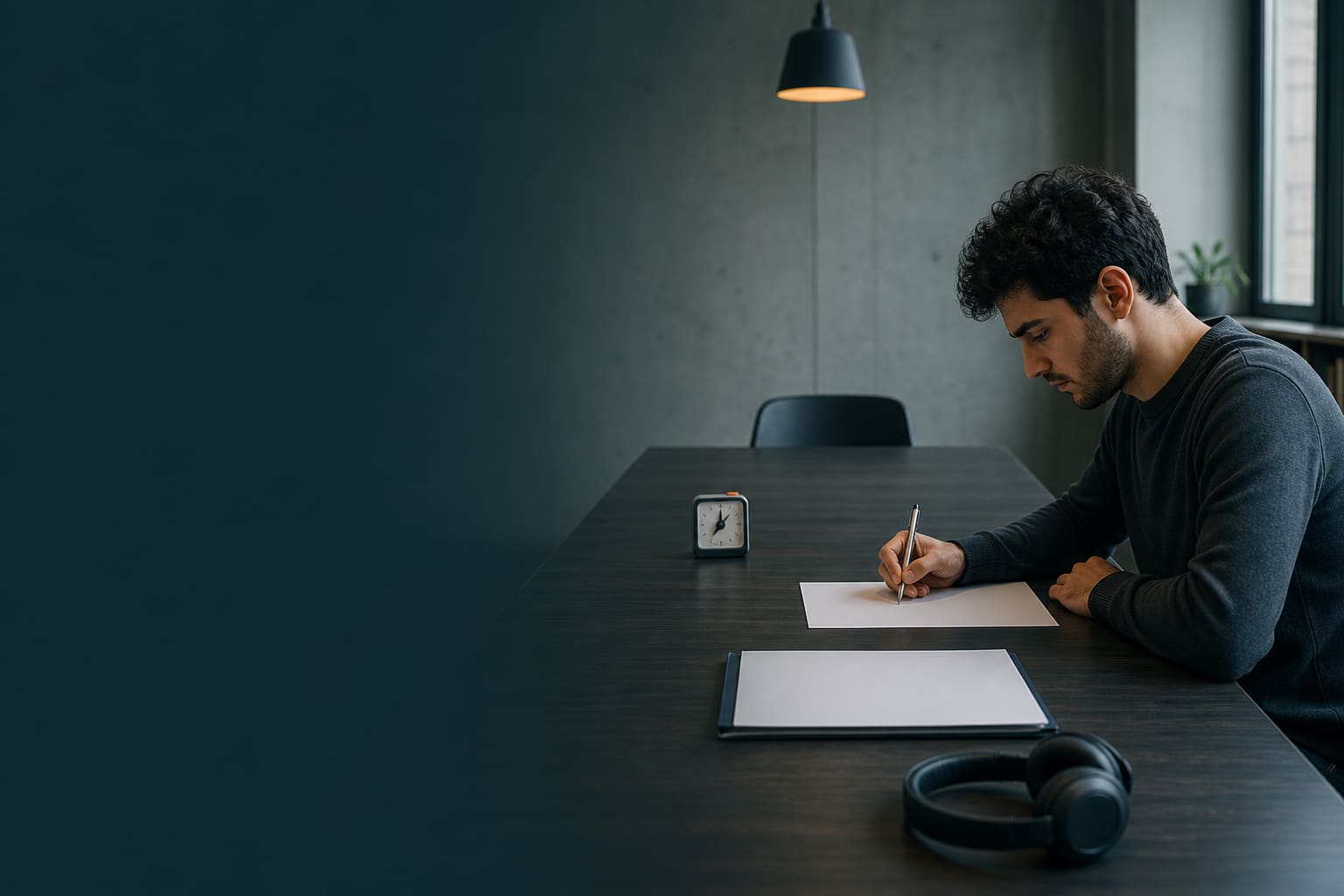 Dinleme, okuma, yazma ve konuşma bölümleri için zamanlı IELTS çalışması yapan öğrenci
