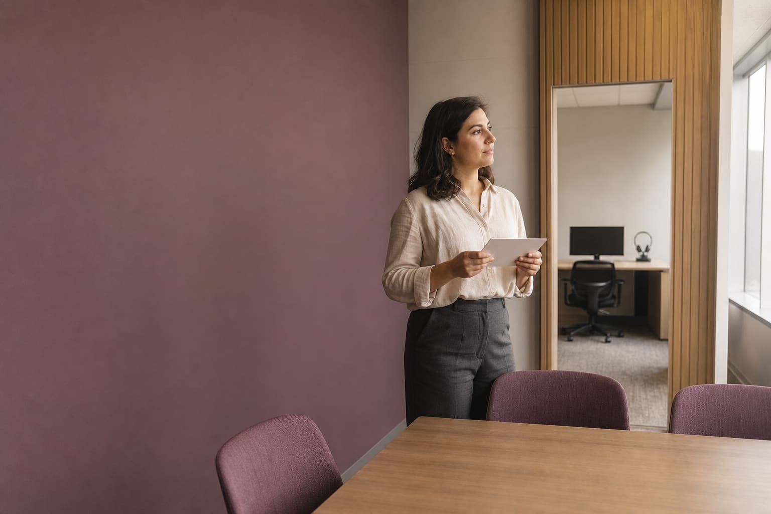 Coordinadora evaluando la logística entre una sala de capacitación presencial y una estación online