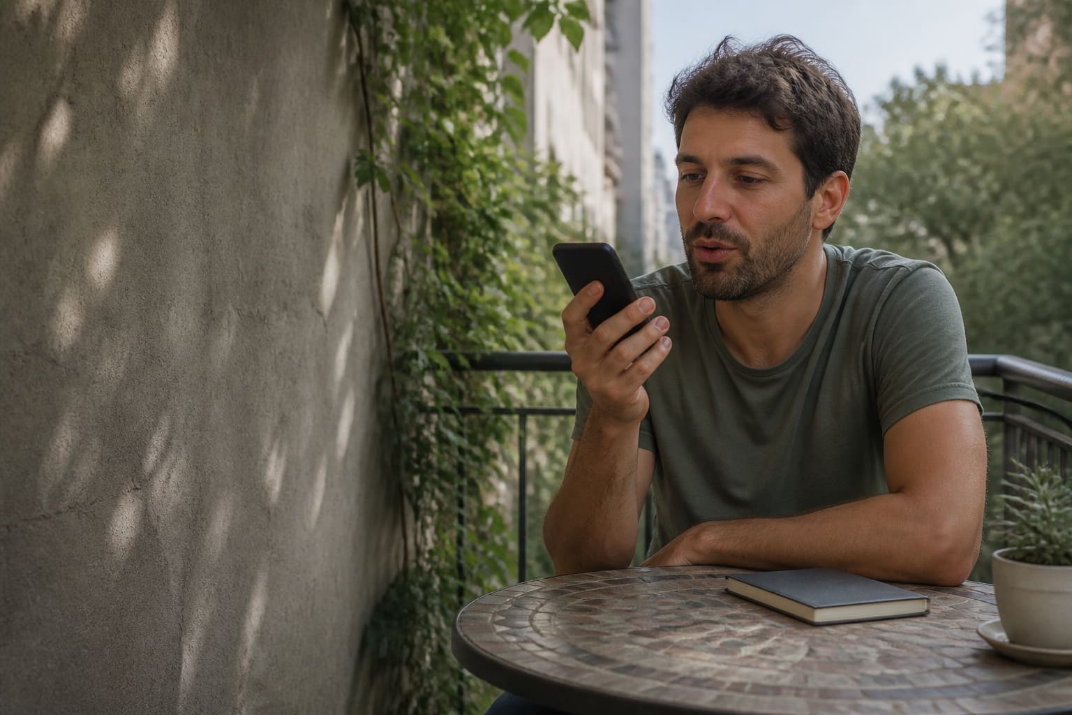Adulto practicando una respuesta oral en inglés con un mensaje de voz desde su balcón