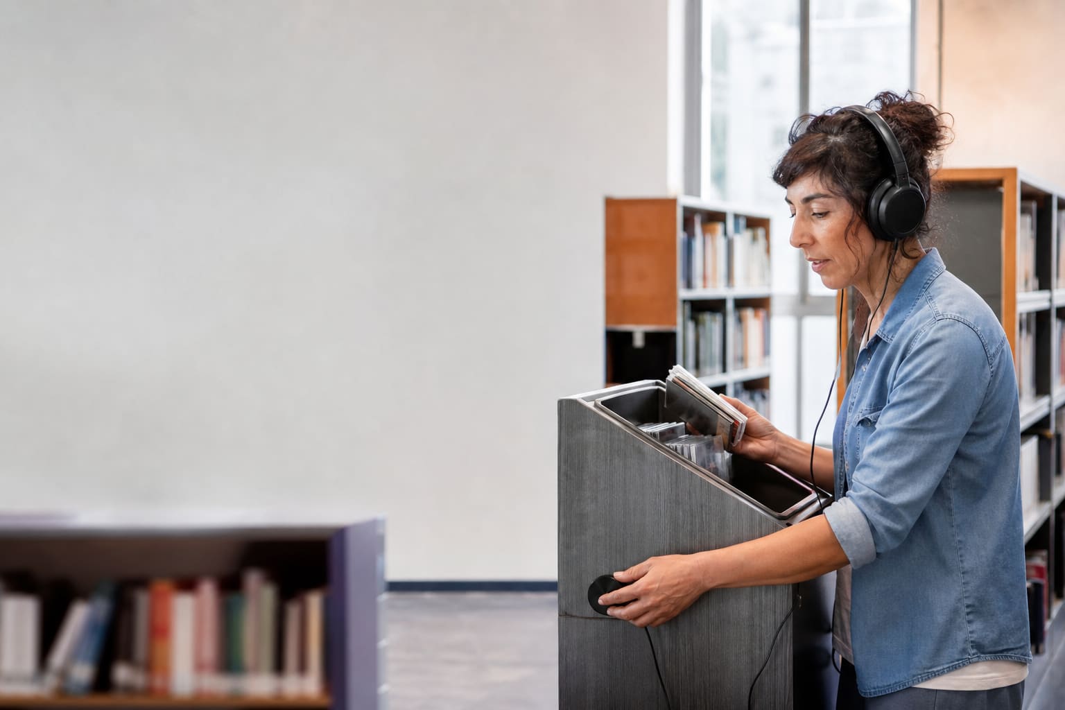 Adulta utilizando materiales de audio gratuitos en una biblioteca pública