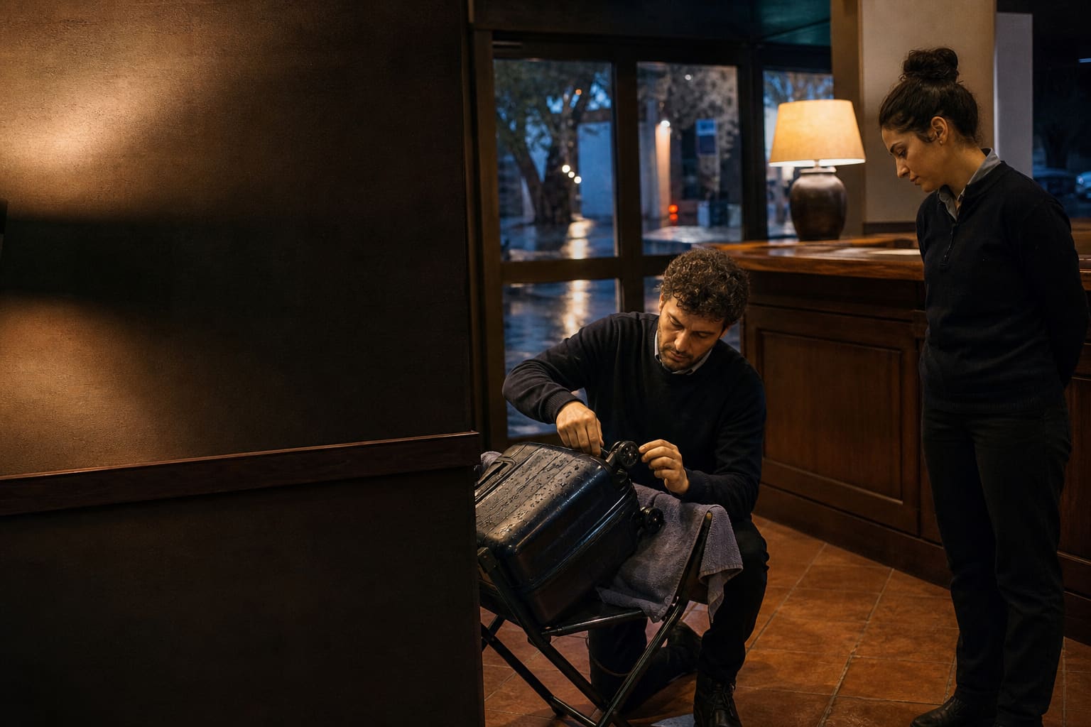 Personal de hotel ayudando a resolver un problema con una valija durante una llegada lluviosa