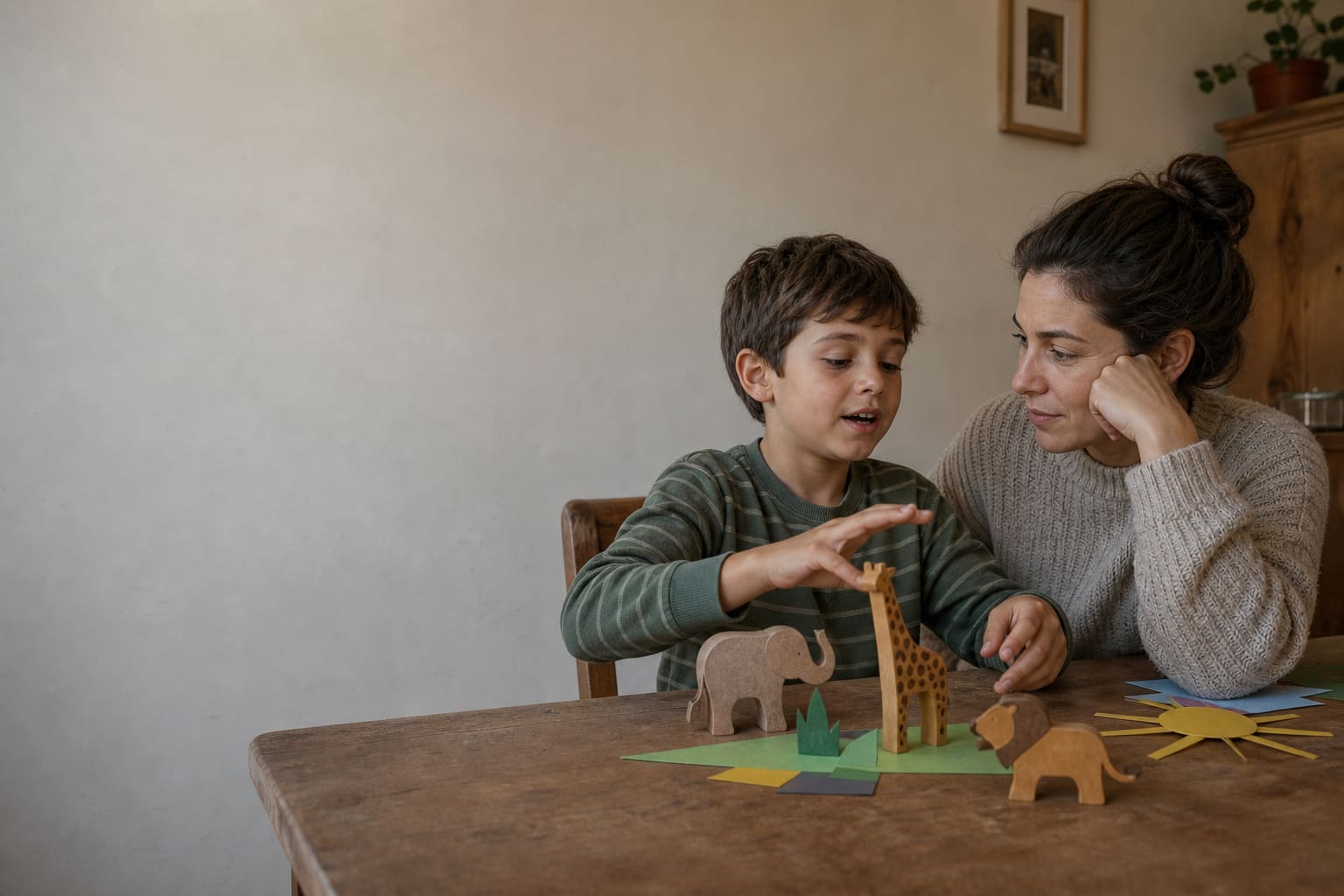 Madre escuchando a su hijo mientras inventan una historia con figuras de madera