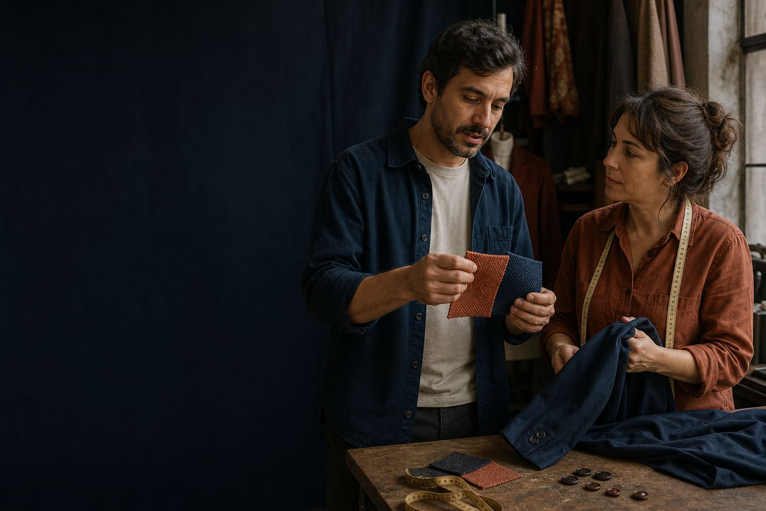 Adulto principiante practicando vocabulario con telas en un taller de arreglos