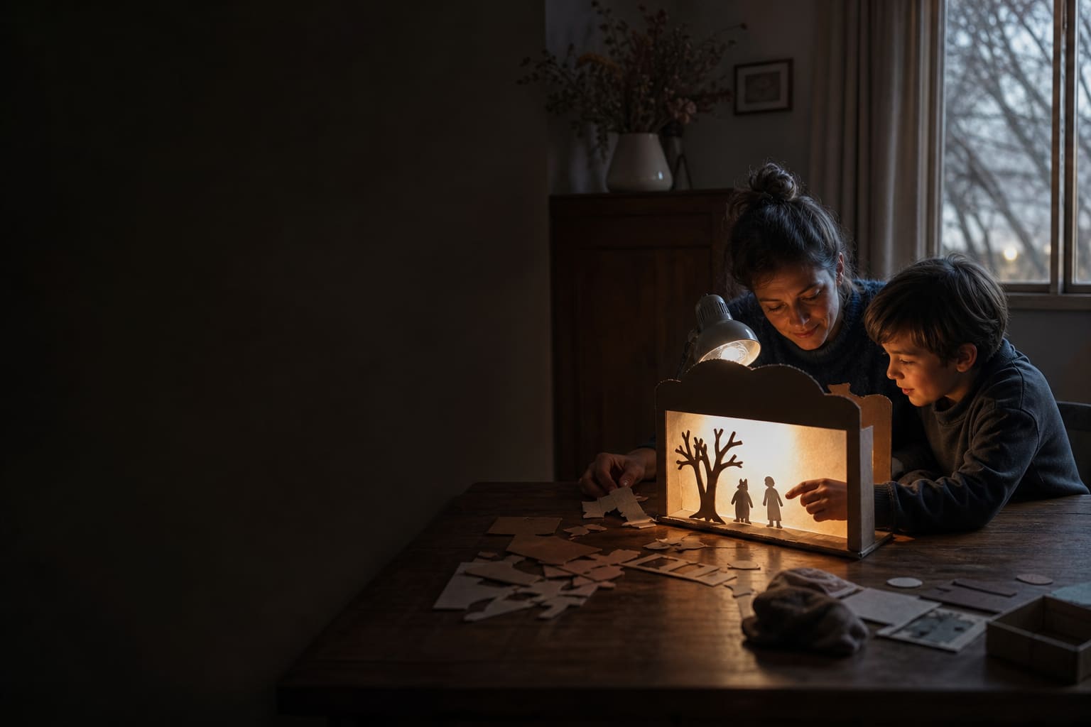 Madre e hijo construyen un teatro de sombras como juego narrativo para practicar inglés