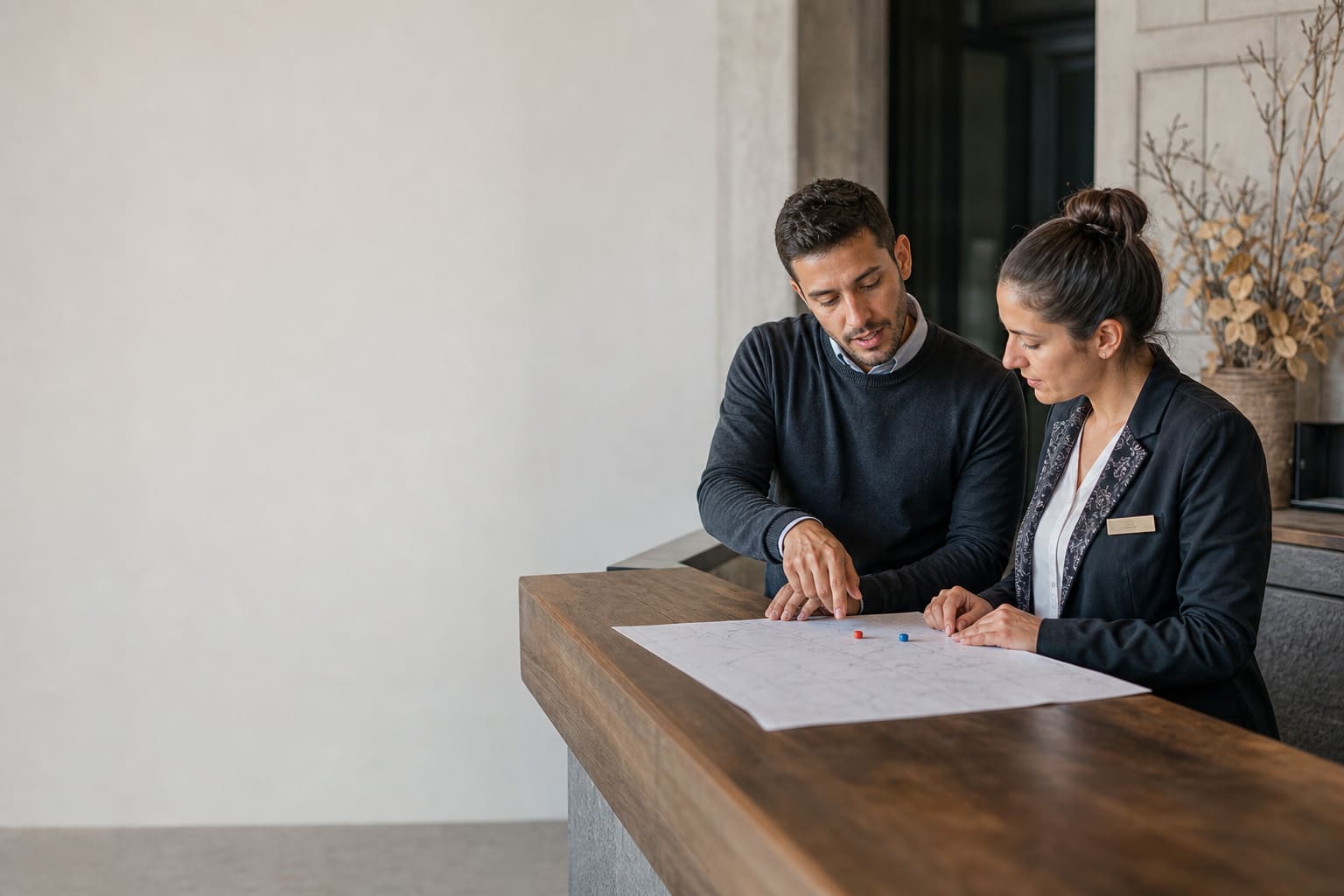 Profesionales de hotelería practicando una explicación de itinerario en recepción