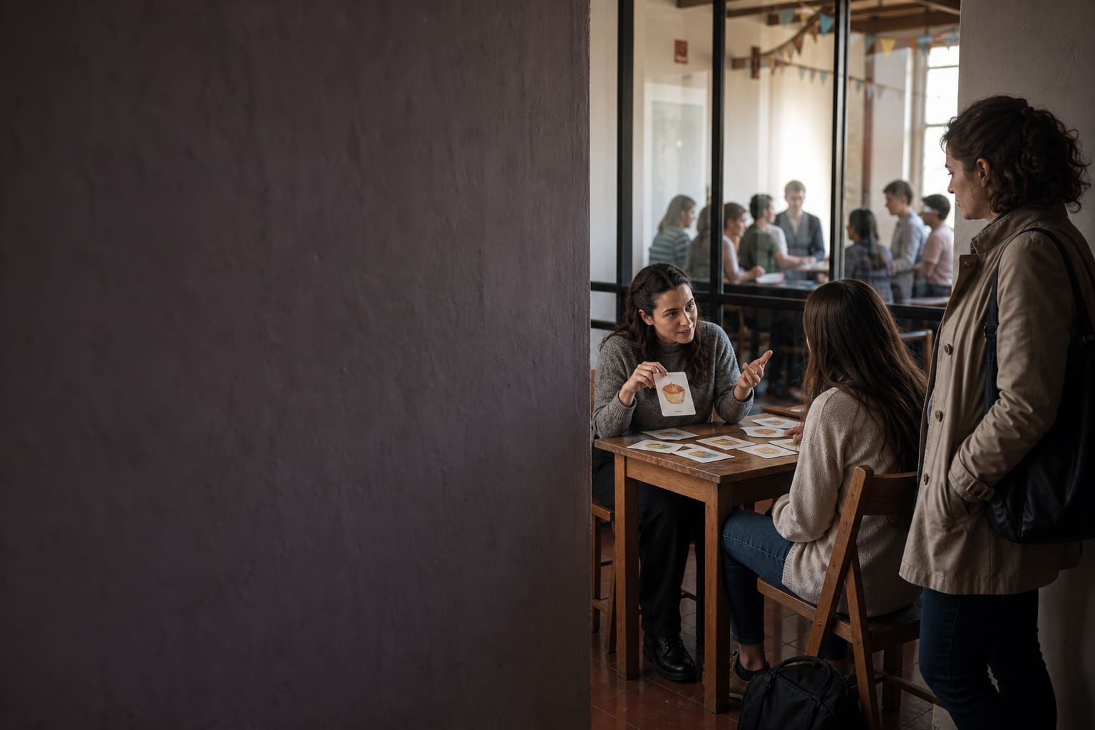 Estudiante observa una clase individual mientras un grupo conversa al otro lado de un vidrio