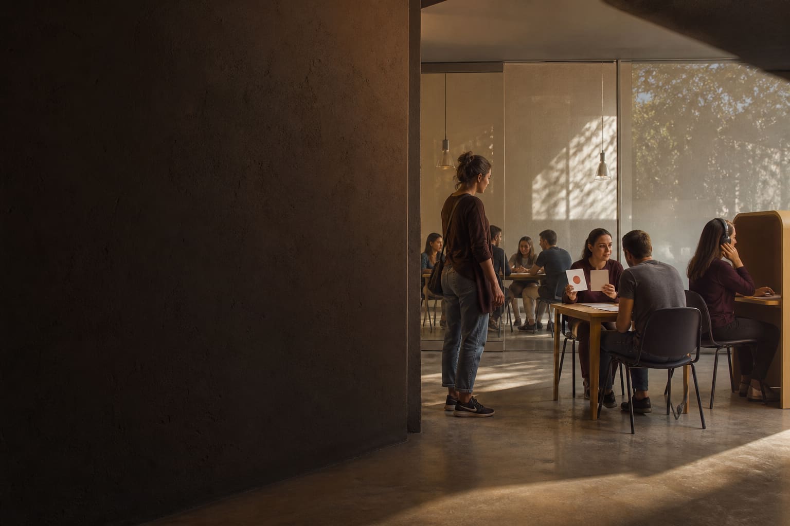 Estudiante recorre un espacio donde conviven clases grupales, tutoría individual y práctica con auriculares