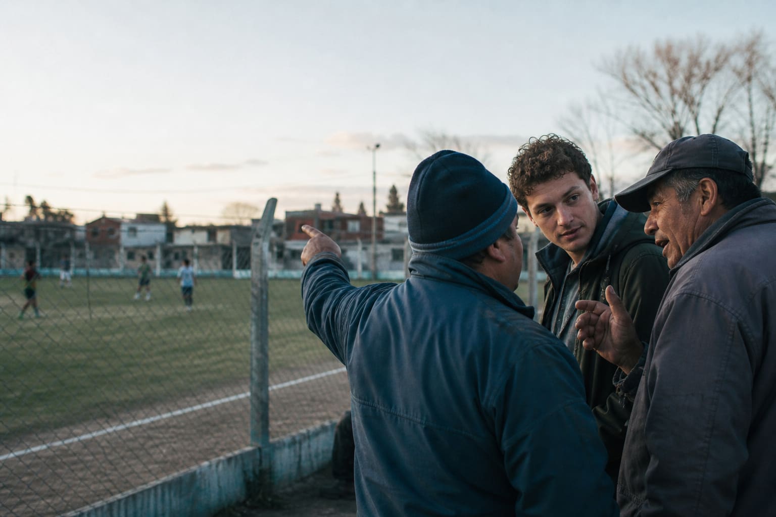 Spanish learner listening to fast local conversation beside a neighborhood football field in Argentina