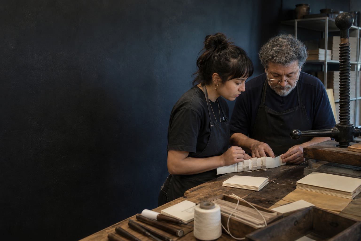 Learner and bookbinder assemble linked paper sections to explore how complex structures are built