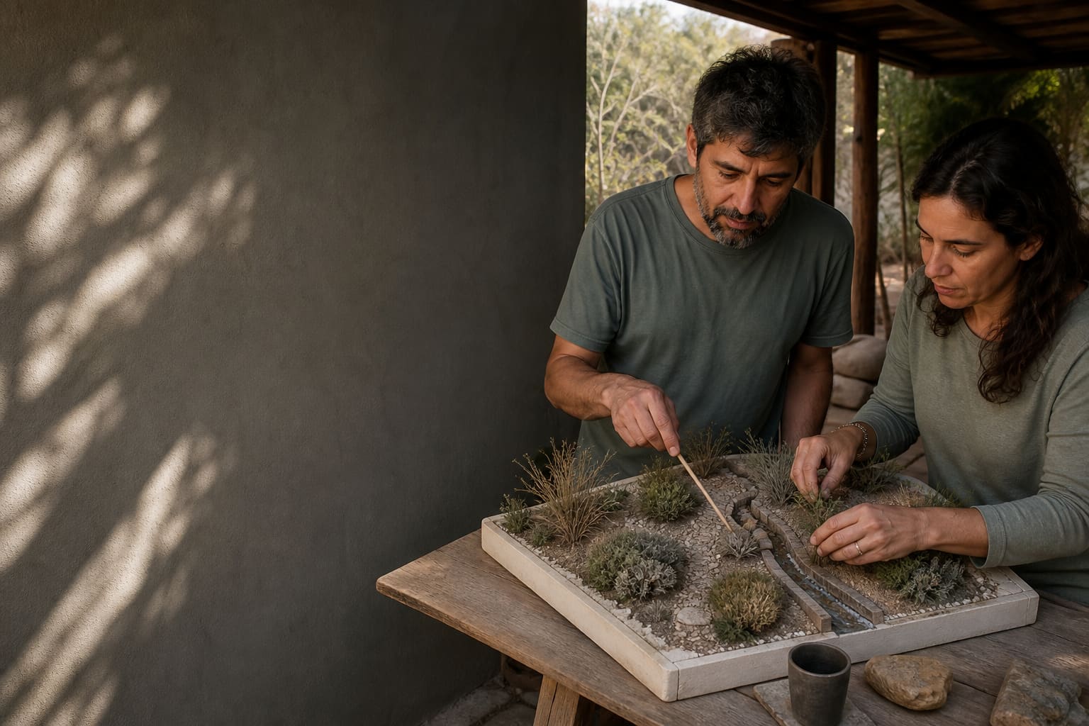 Profesionales explicando un proyecto de jardín sustentable en La Puntilla