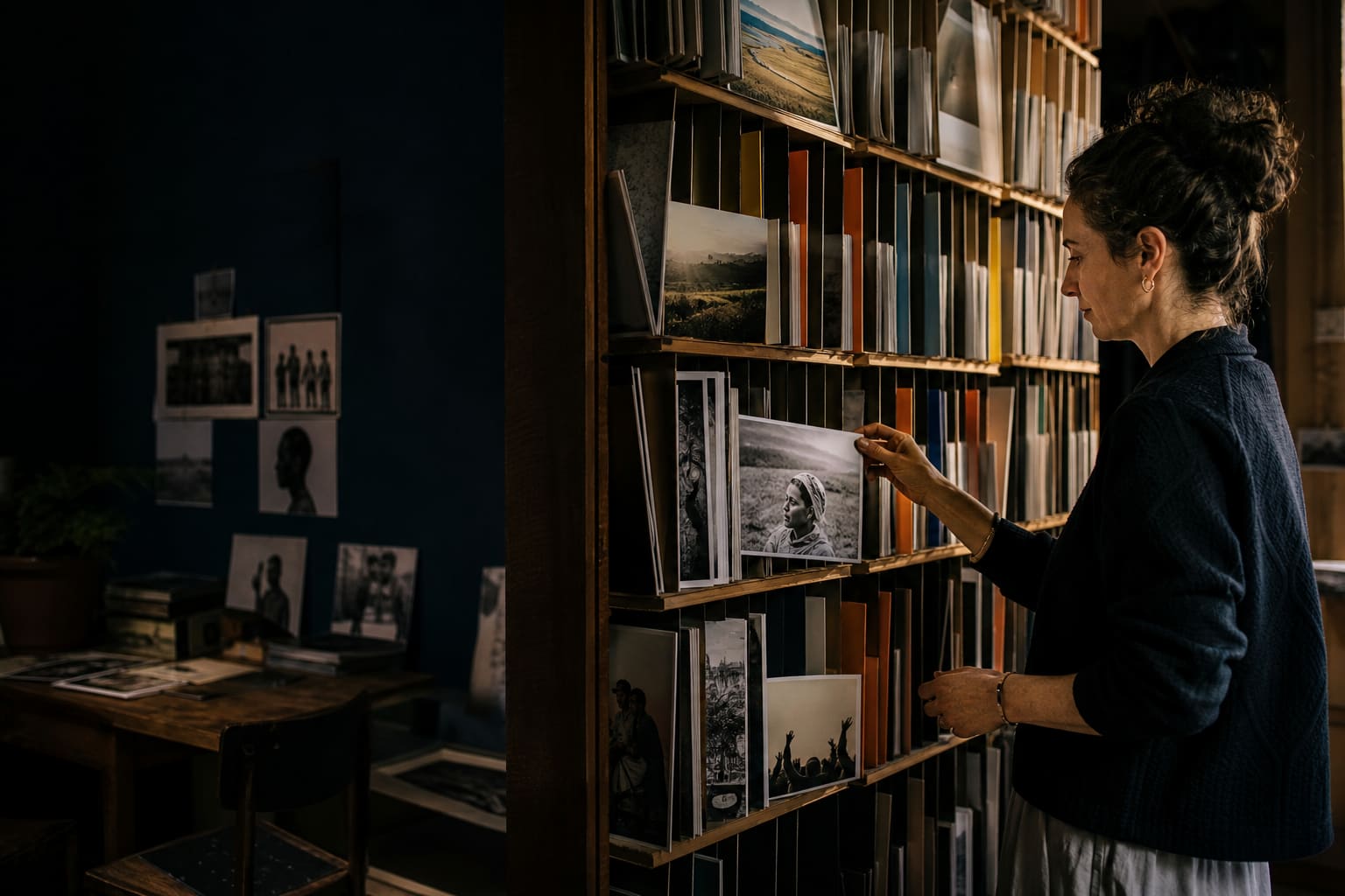 Editora revisando un archivo visual de historias y guías sobre idiomas