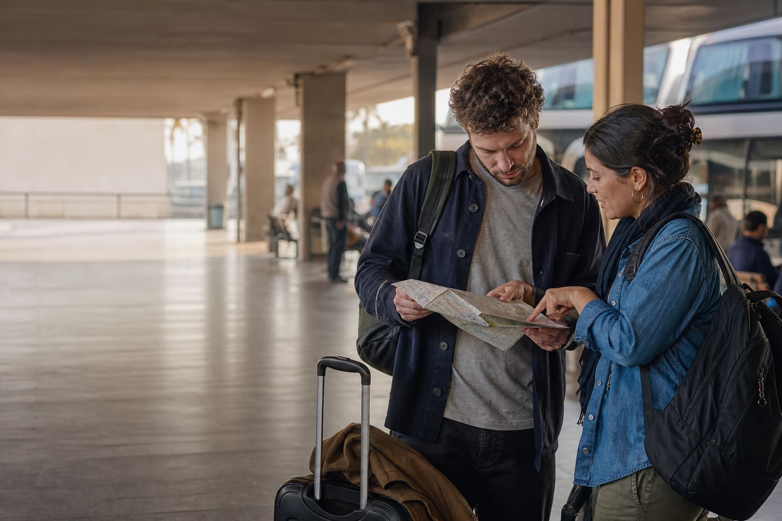 Viajero conversando con una mujer argentina mientras revisan una ruta en una terminal