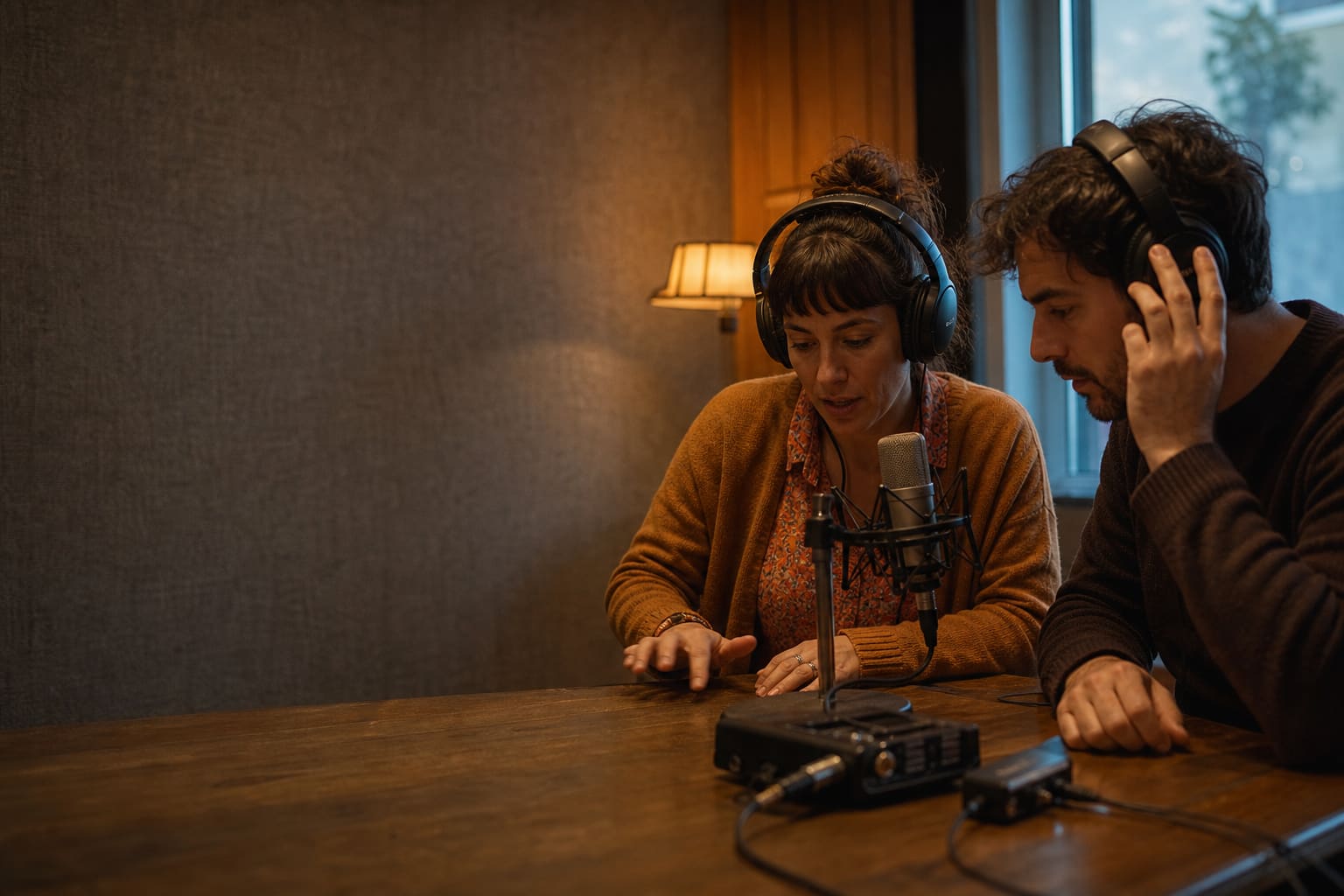 An Argentine instructor coaches a learner on conversational rhythm in a small radio studio