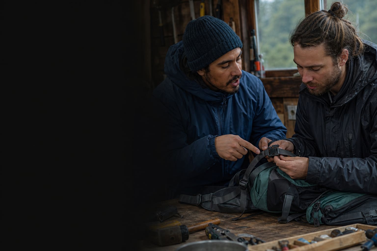 Spanish learner explaining a backpack repair to an outdoor technician in Bariloche