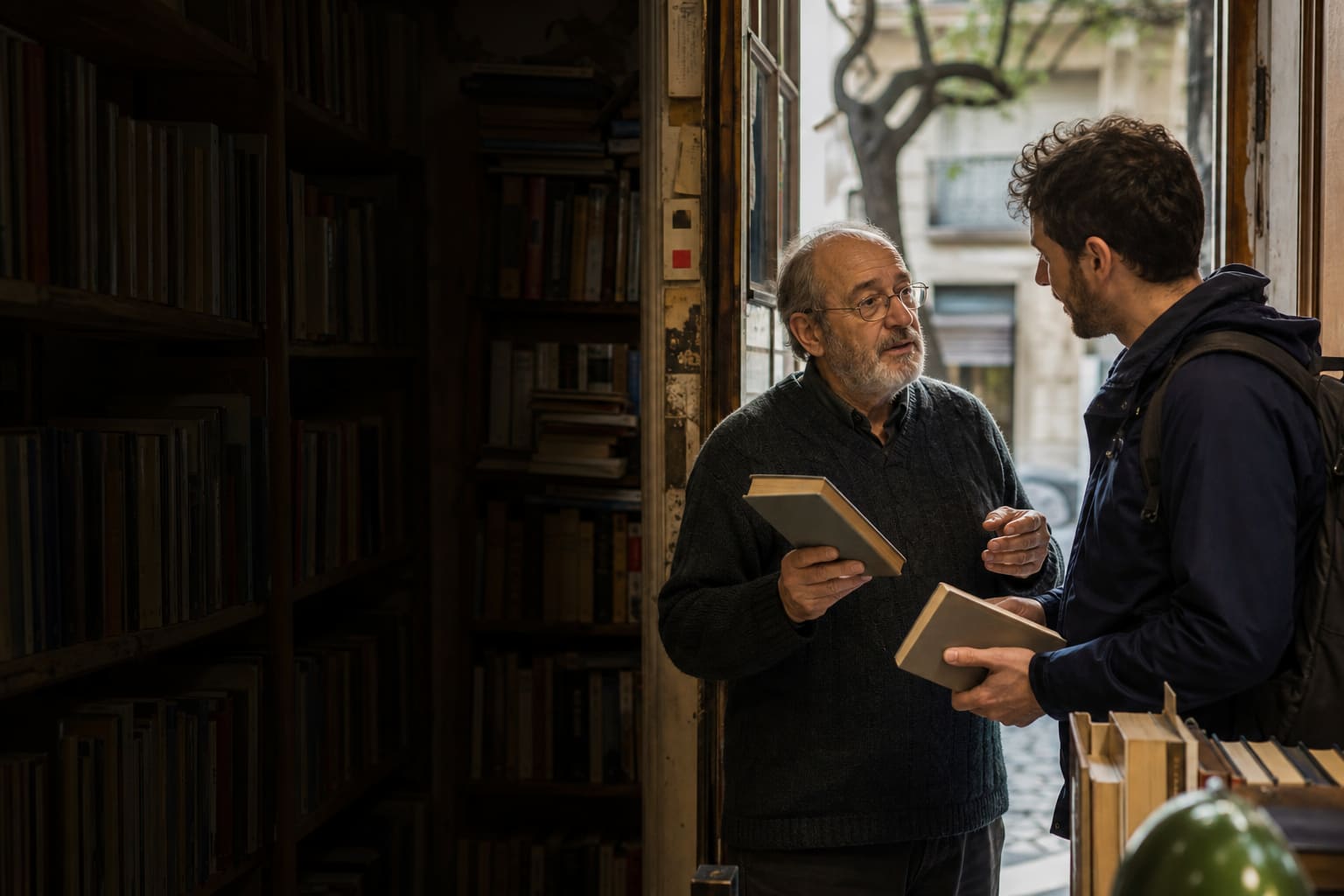 International resident practicing Spanish with a neighborhood bookseller in Buenos Aires