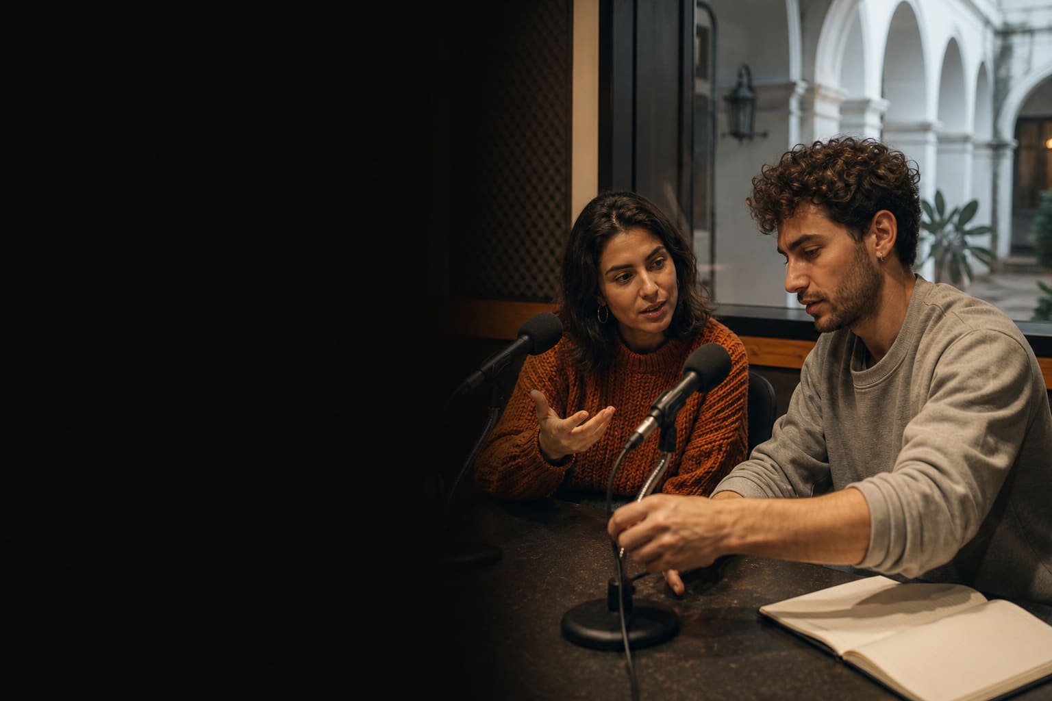 International student rehearsing Spanish in a Córdoba university radio studio